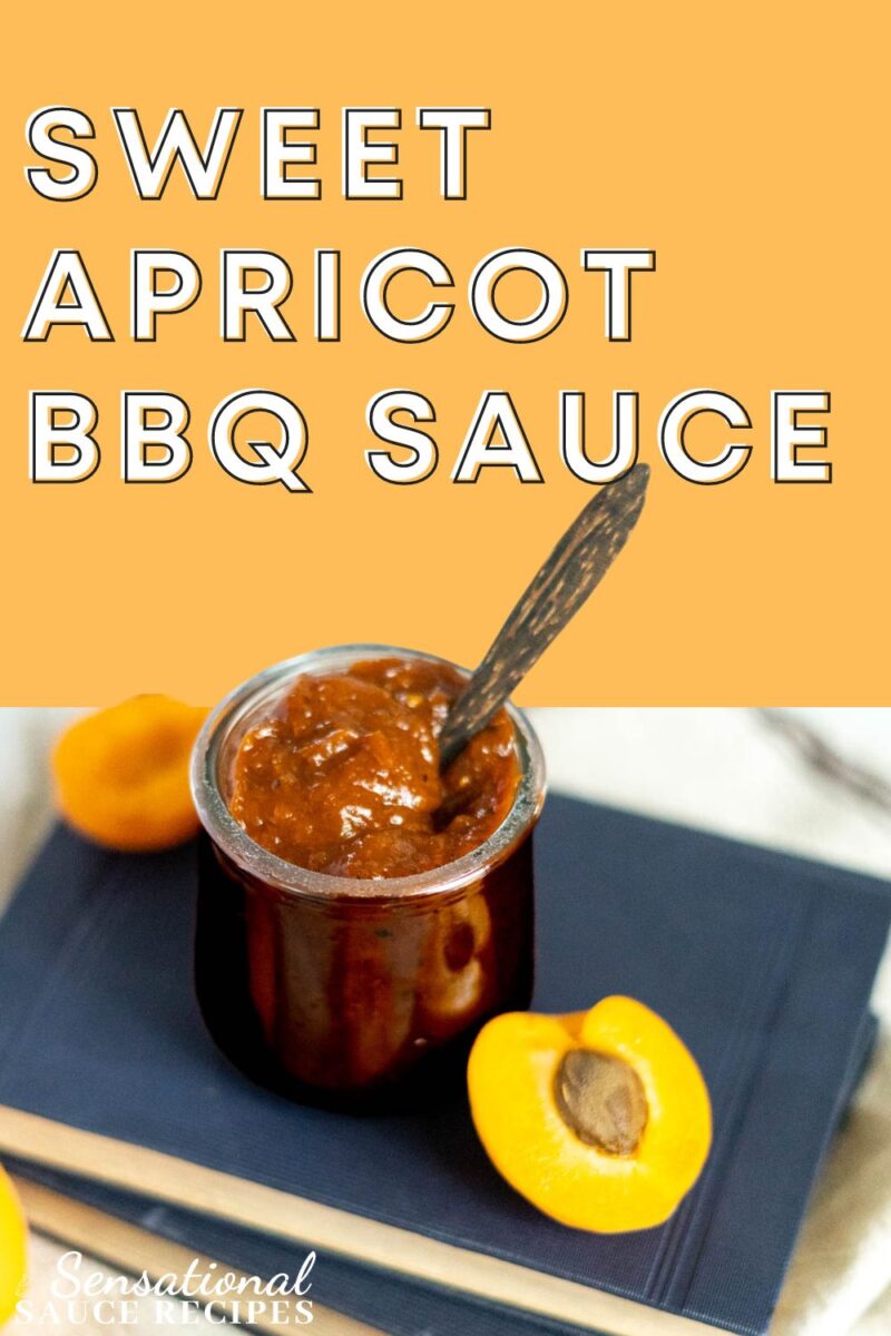 BBQ sauce in a jar with wooden spoon and sliced apricots.