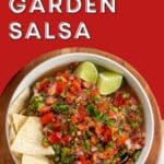 Salsa in a bowl with tortilla chips and fresh tomatoes.