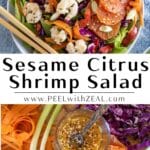 A colorful salad with shrimp and sesame seeds in a bowl with chopsticks.