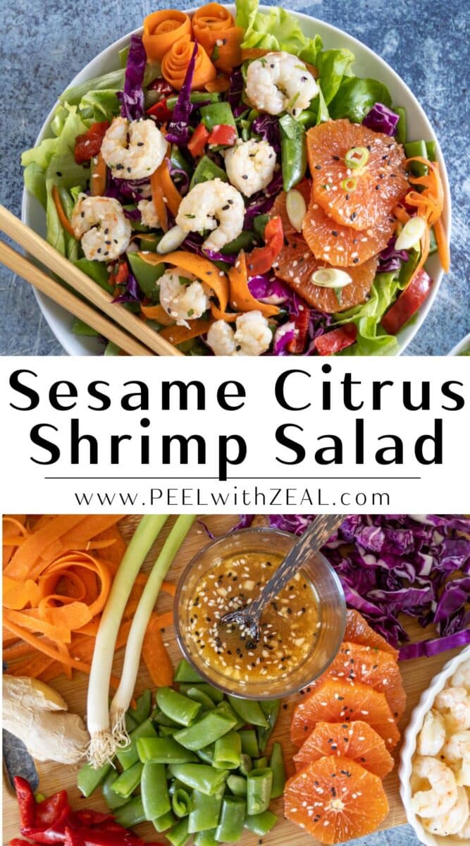 A colorful salad with shrimp and sesame seeds in a bowl with chopsticks.