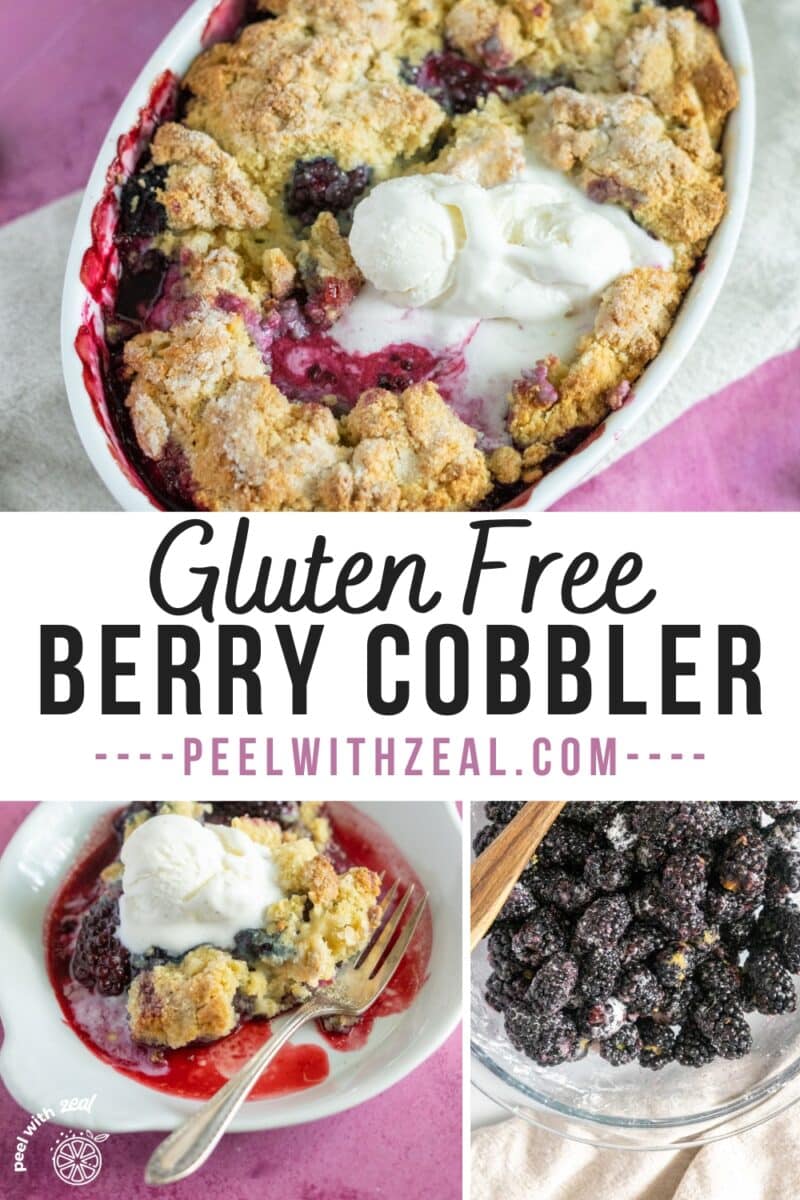 Blackberry cobbler in a baking dish.