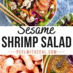 A colorful salad with shrimp and sesame seeds in a bowl with chopsticks.