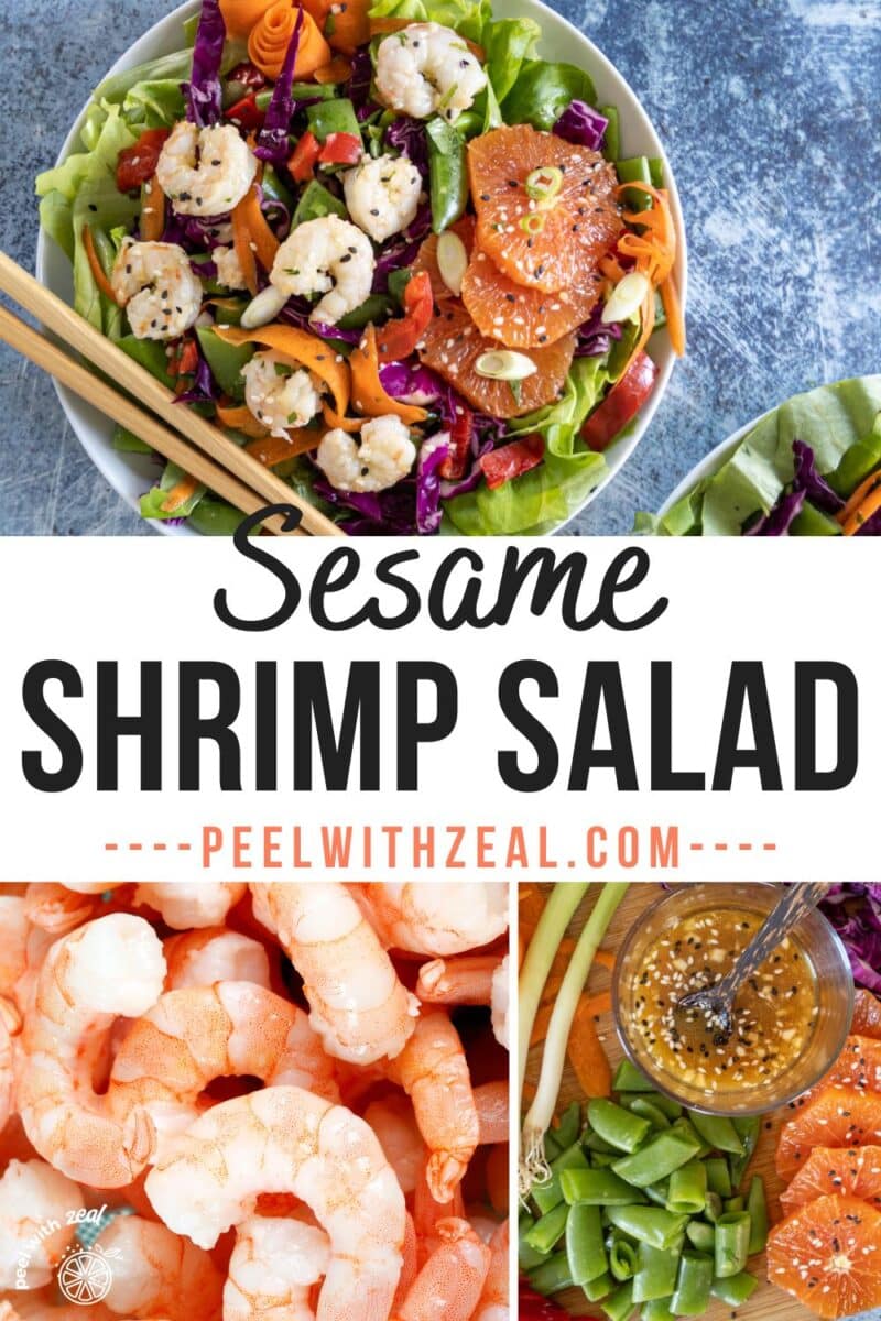 A colorful salad with shrimp and sesame seeds in a bowl with chopsticks.
