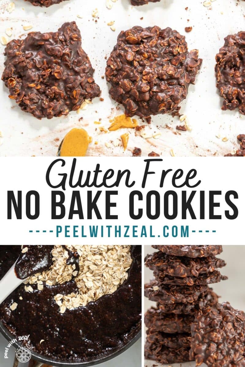 Gluten free no bake cookies on wax paper with a spoon of peanut butter.