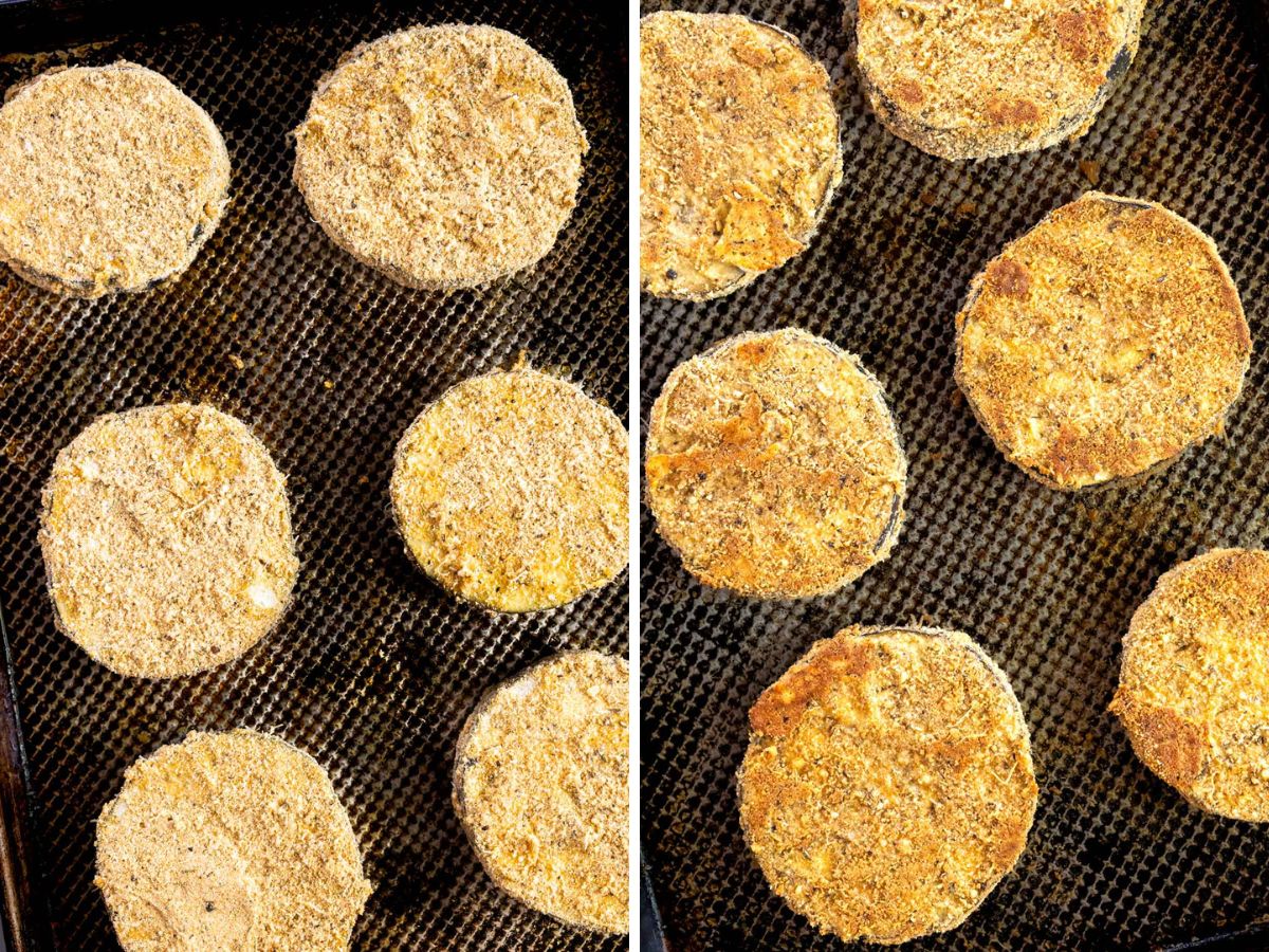 Side-by-side comparison of gluten-free eggplant parmesan slices on a baking sheet: raw and uncooked on the left, baked and browned on the right.