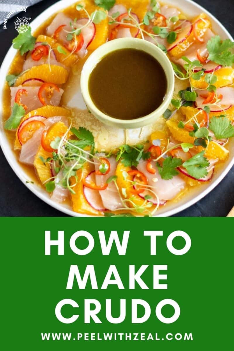 Crudo on a plate with a soy dipping sauce.
