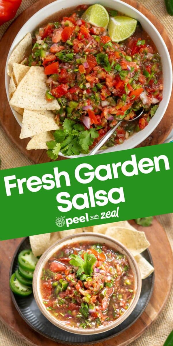Two bowls of fresh garden salsa garnished with cilantro and lime, served with tortilla chips and jalapeño slices