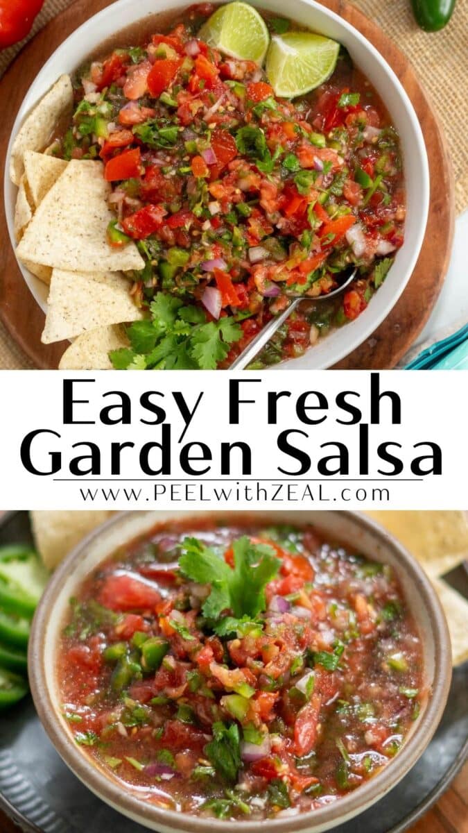 Two bowls of fresh garden salsa with diced tomatoes, onions, cilantro, and lime wedges, served with crispy tortilla chips.