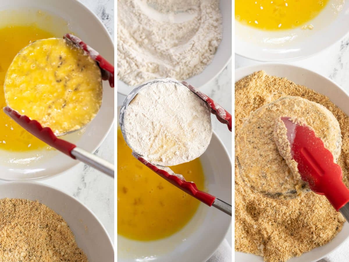 Three side-by-side images show tongs dipping a food item in beaten egg, then flour, and finally breadcrumbs, illustrating the breading process for gluten-free eggplant parmesan.