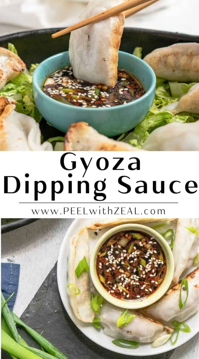 Dipping a potsticker into a bowl of sauce.