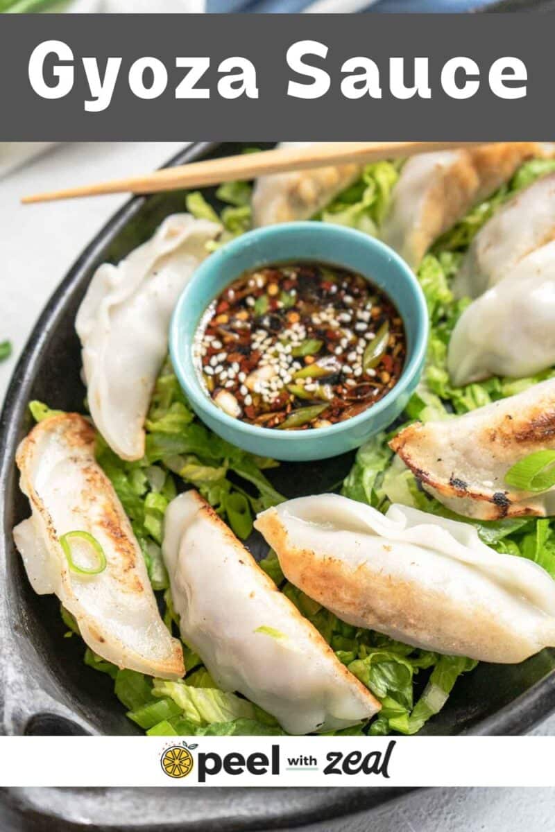 Tray of dumplings with a dipping sauce.