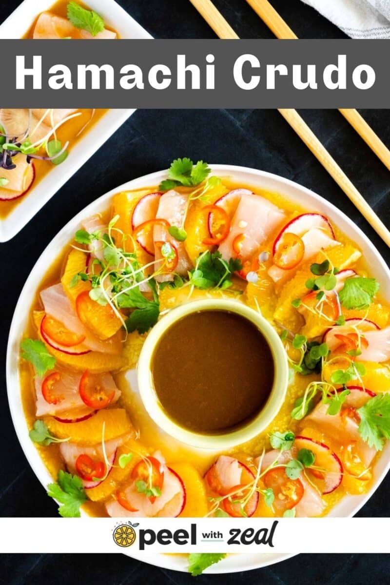 Sliced yellowtail crudo on a plate.