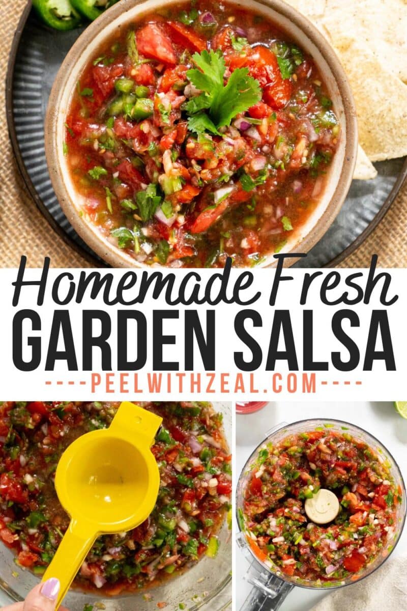 Top view of a bowl of fresh garden salsa surrounded by chips, with photos of fresh garden salsa preparation and the text "Homemade Fresh Garden Salsa peelwithzeal.com" in the center.