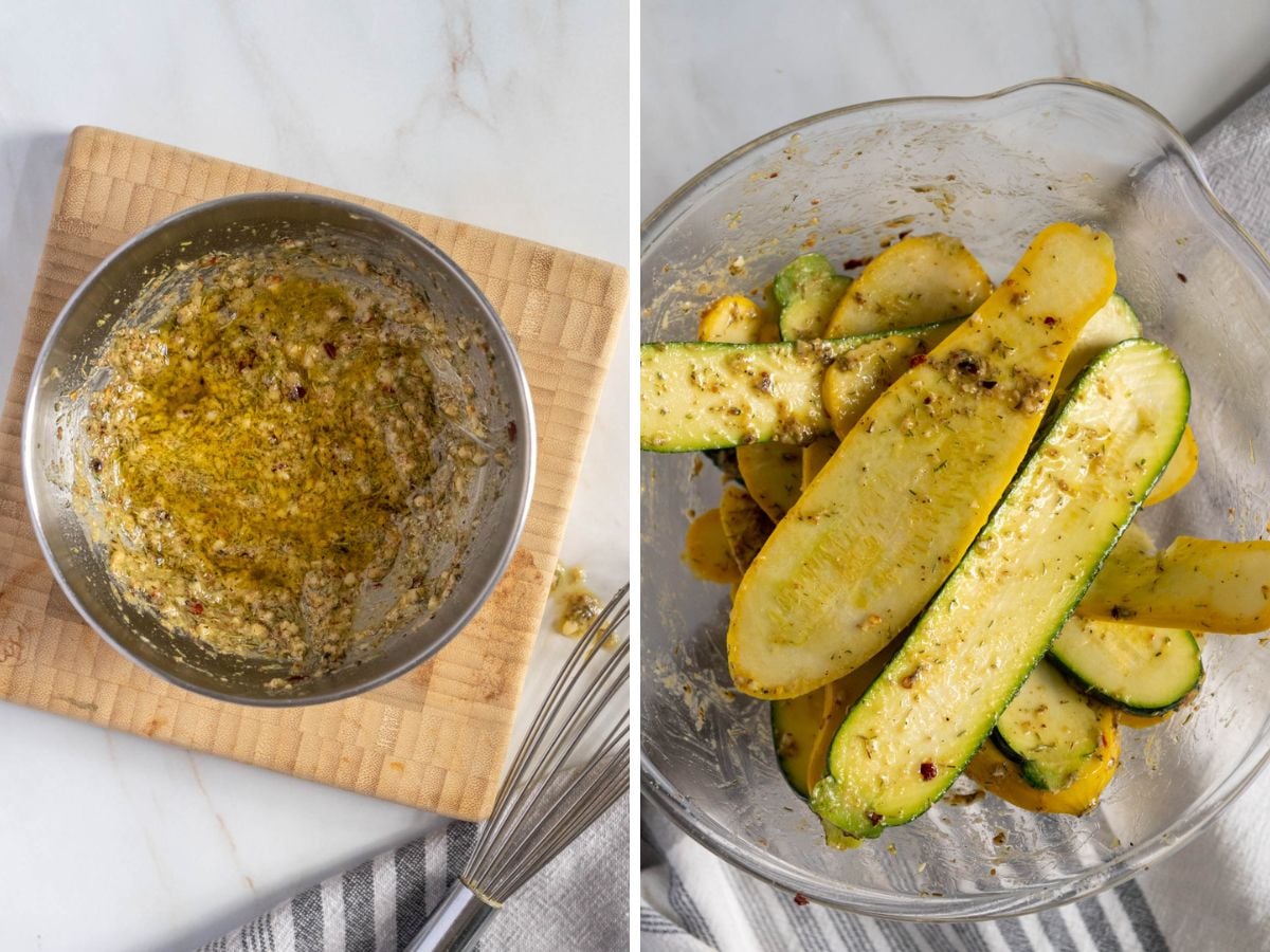 Left: A metal bowl with a mixed seasoning paste. Right: Sliced zucchini coated with the seasoning in a glass bowl, ready for grilled zucchini and squash. Both are on a white countertop.