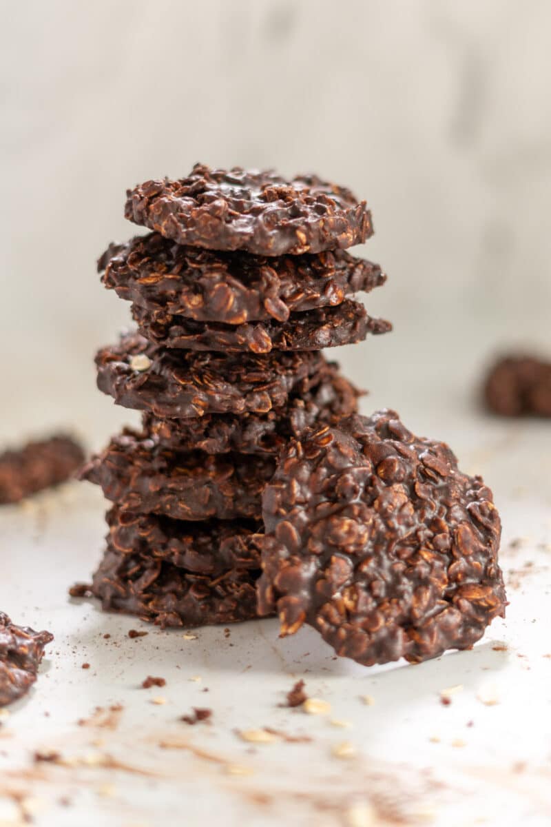 Stack of no bake cookies.