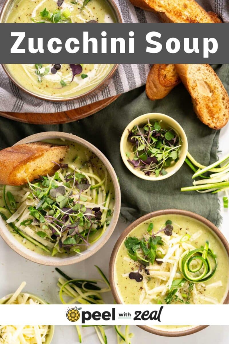 Bowl of zucchini soup with spiraled zucchini.