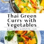 Green curry with vegetables over rice in a bowl.