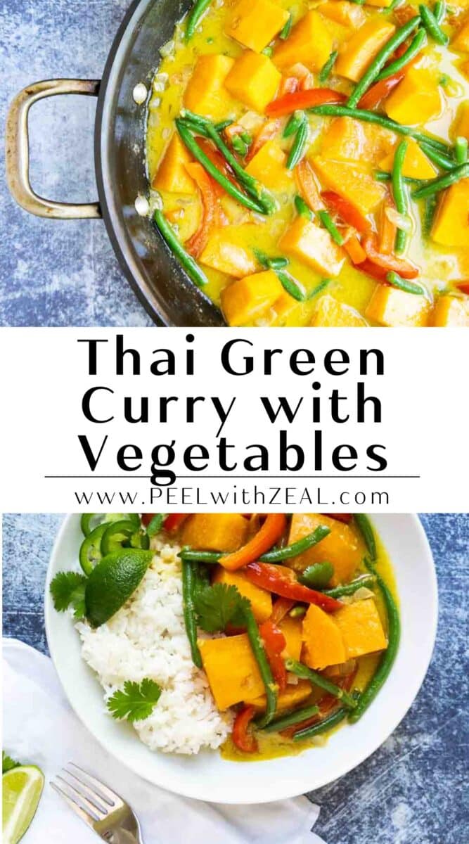 Green curry with vegetables over rice in a bowl.