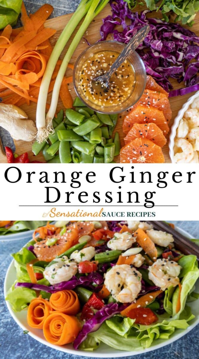 Dressing in a bowl with wooden spoon with a variety of vegetables.
