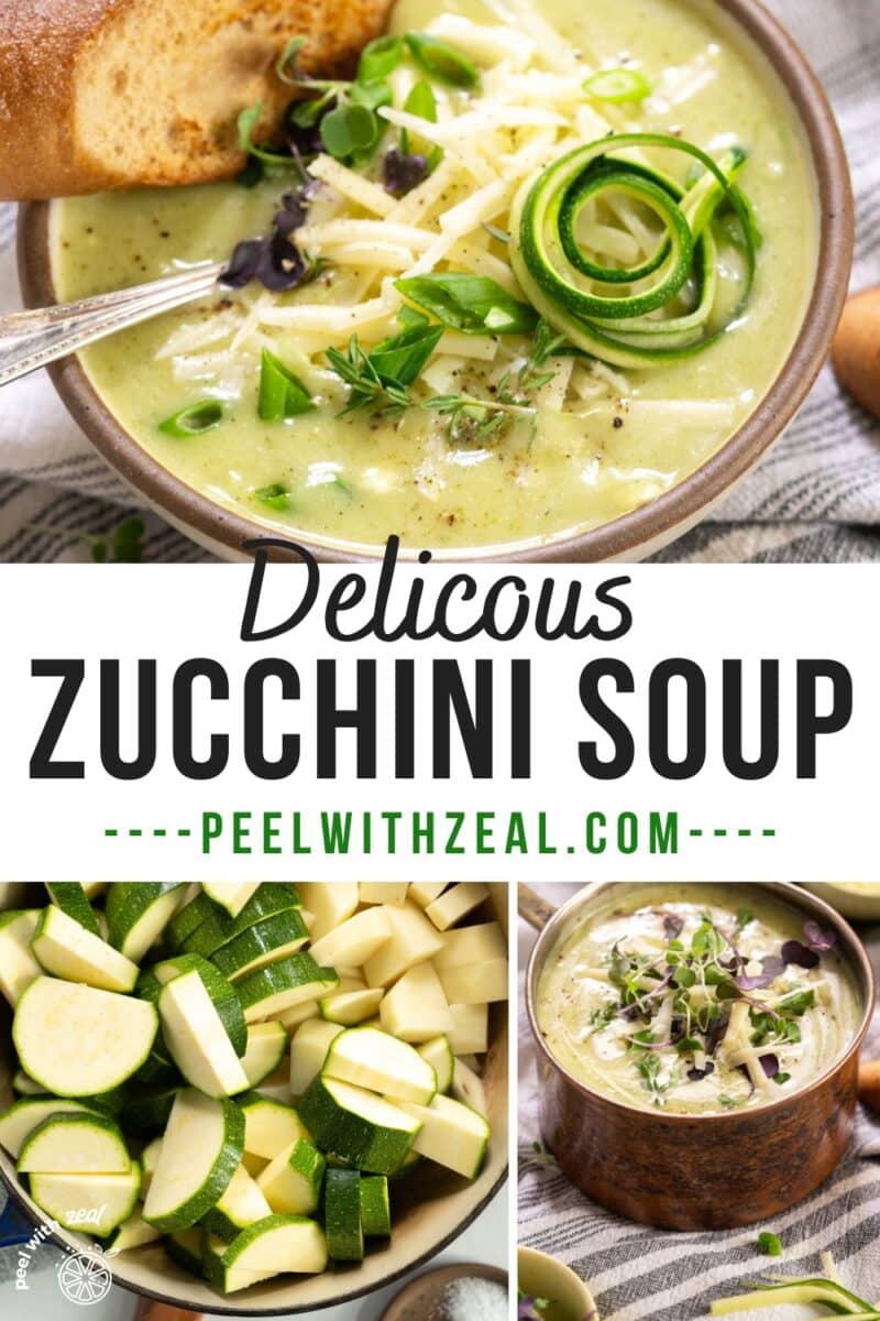Bowl of soup with cheese and herbs and a pot of fresh zucchini.