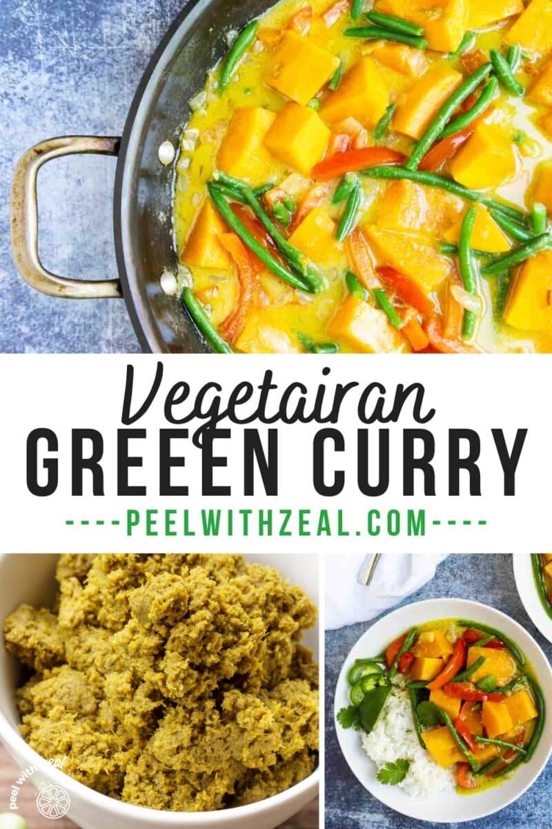 Bowl of green curry paste and pot of vegetable Thai curry.