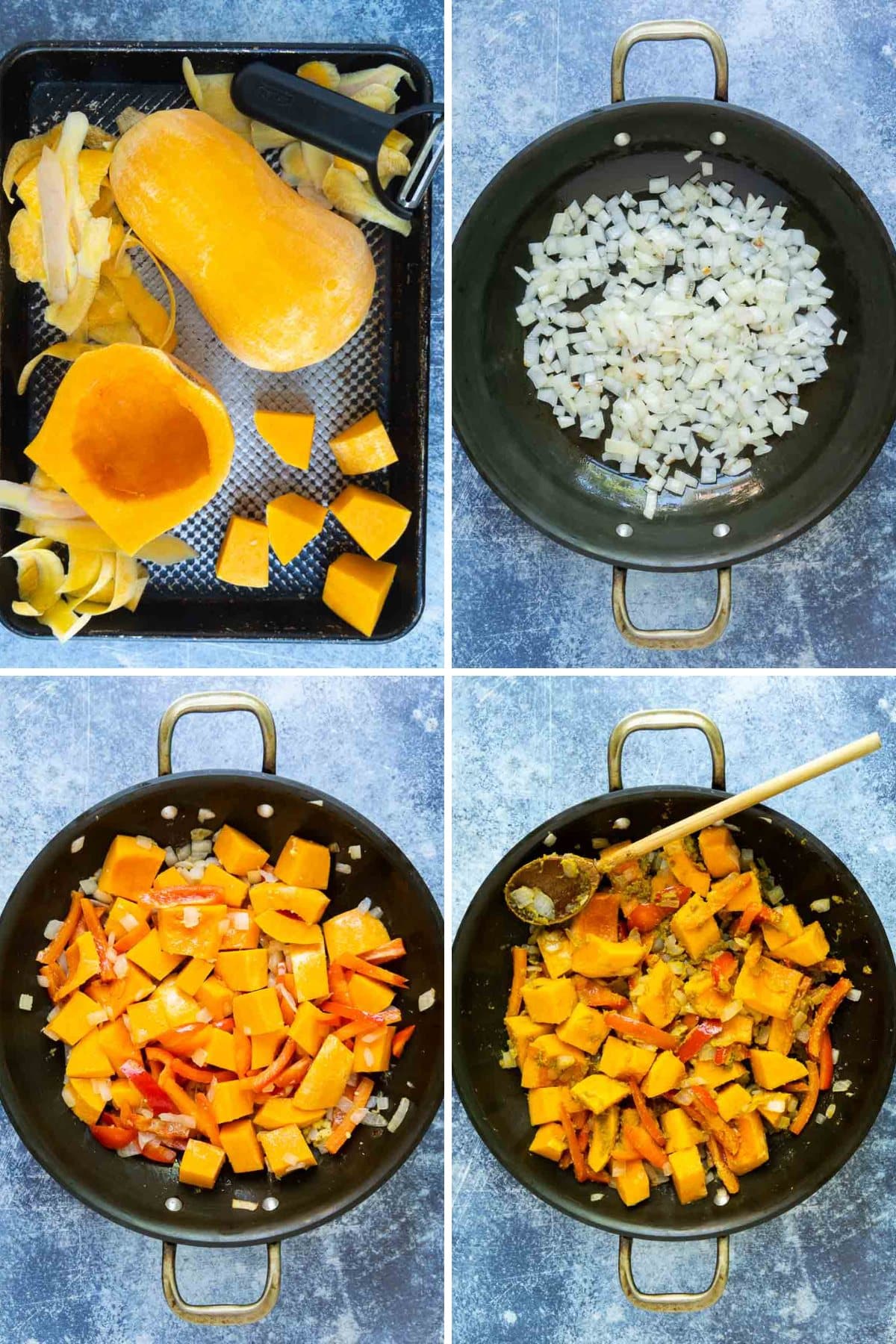 Prepping and sautéing the vegetables for the vegetarian curry.