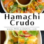 Hamachi crudo with orange slices, soy dipping sauce, and cilantro.