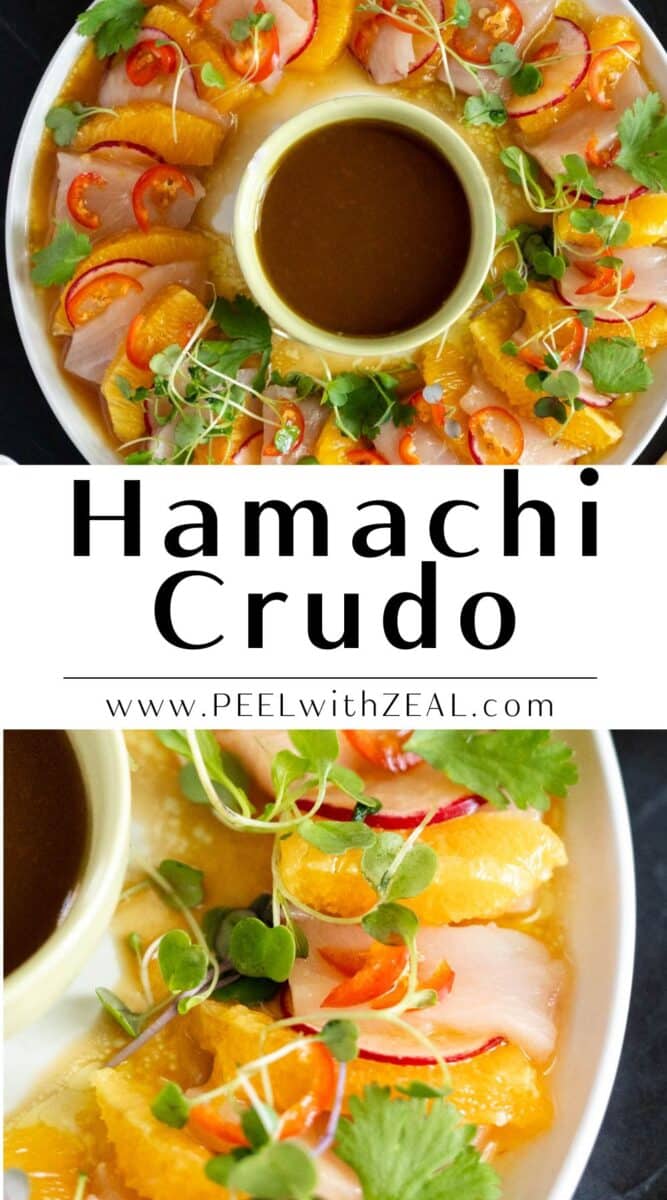 Hamachi crudo with orange slices, soy dipping sauce, and cilantro.
