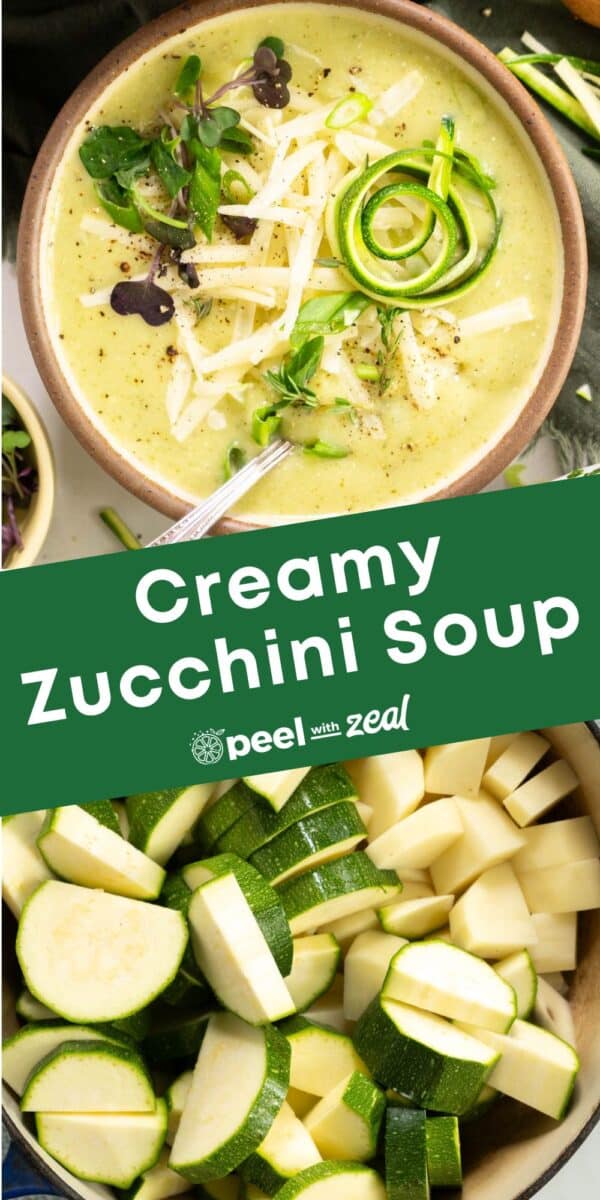 Bowl of soup with cheese and herbs and a pot of fresh zucchini.
