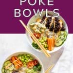 Poke bowls with vegetables and marinated beets.