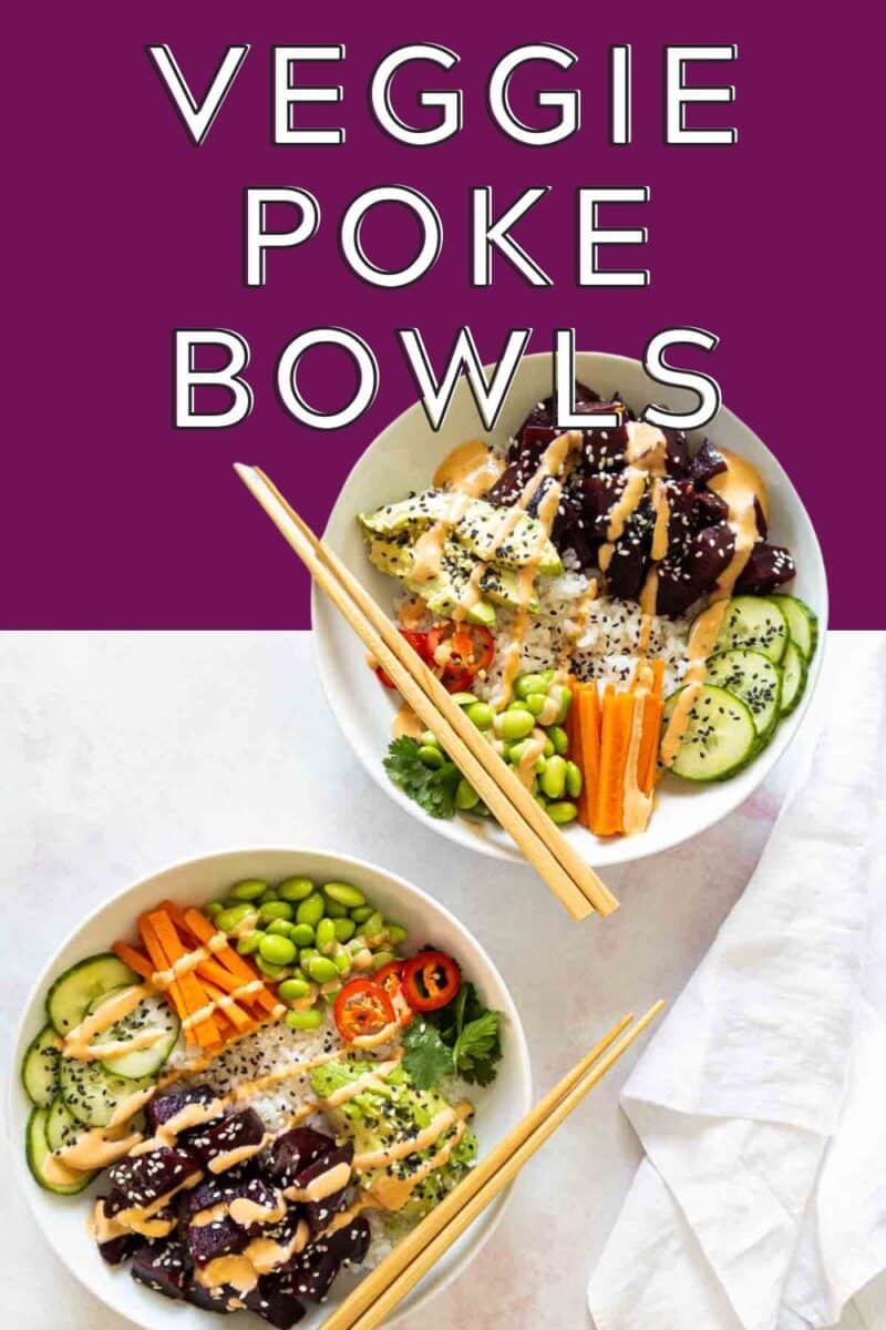 Poke bowls with vegetables and marinated beets.