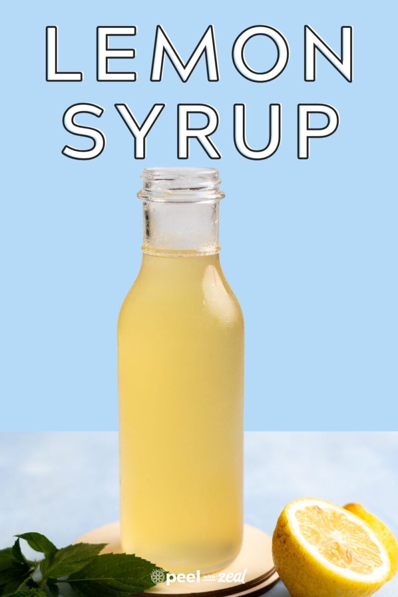 Chilled bottle of lemon simple syrup.