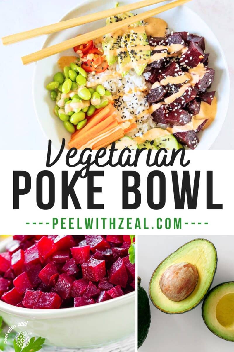 Vegan poke bowl with beets and an avocado.