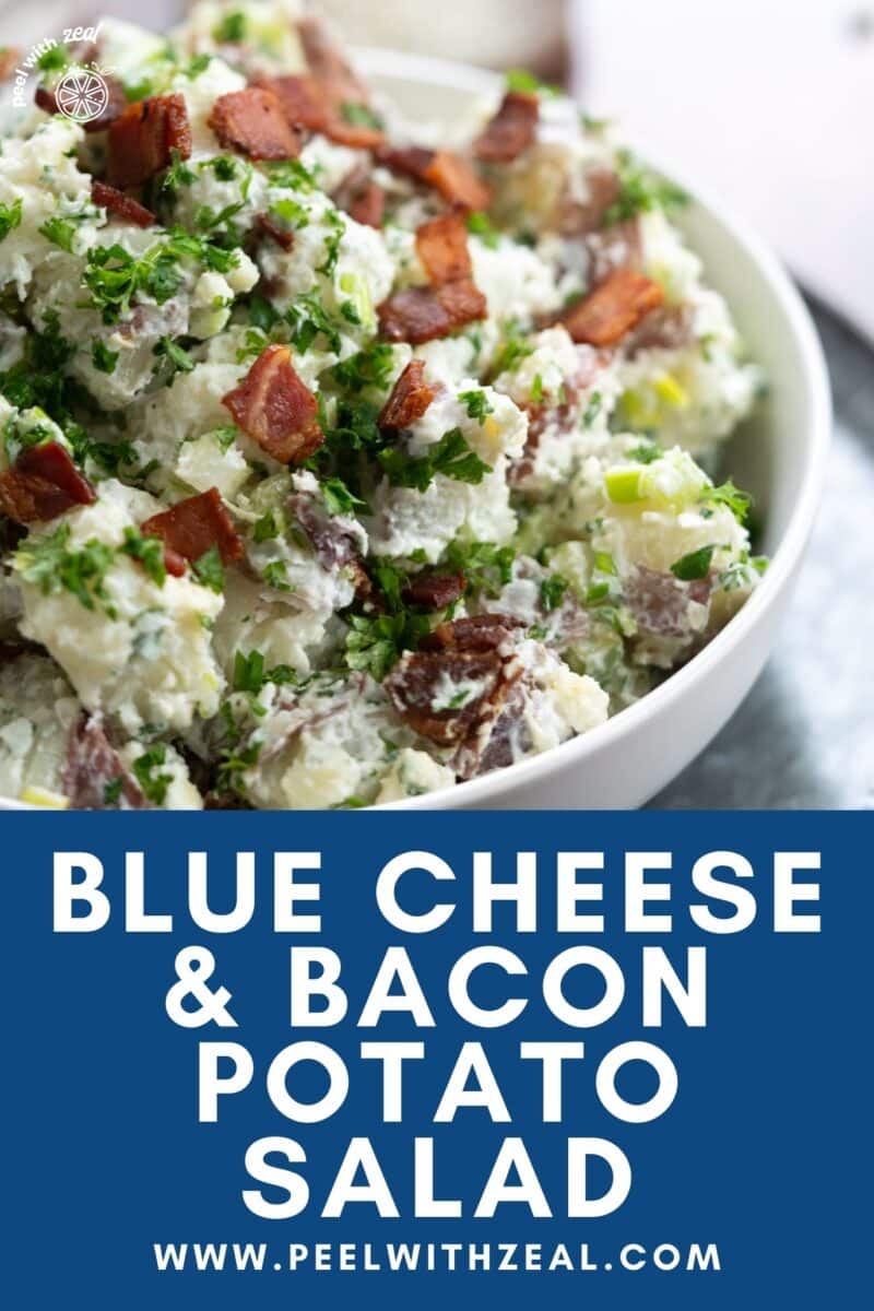 Blue cheese potato salad in a bowl.