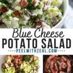 Blue cheese potato salad in a bowl with bacon.