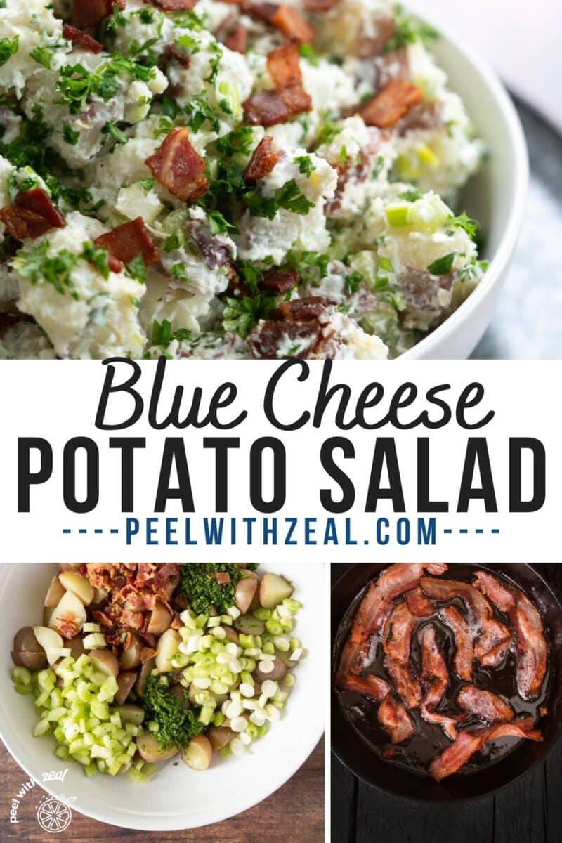 Blue cheese potato salad in a bowl with bacon.