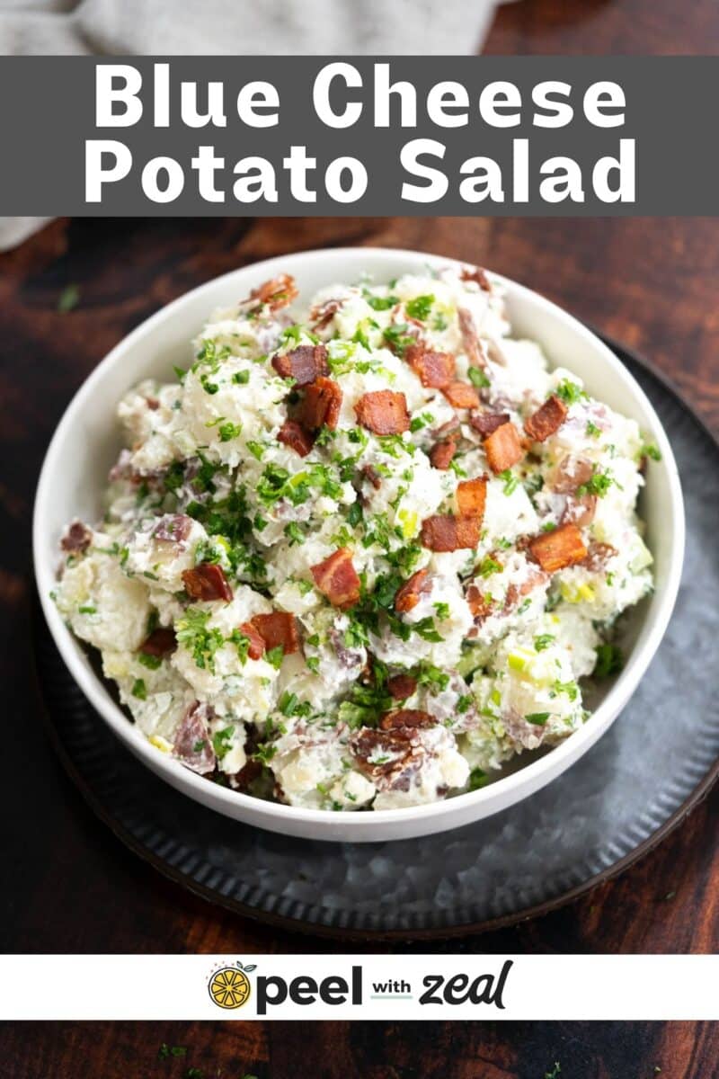 Blue cheese potato salad with bacon on top.