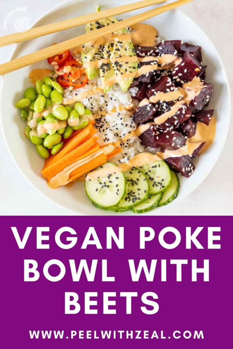 Vegan poke bowl with beets and other veggies and lots of sauce.