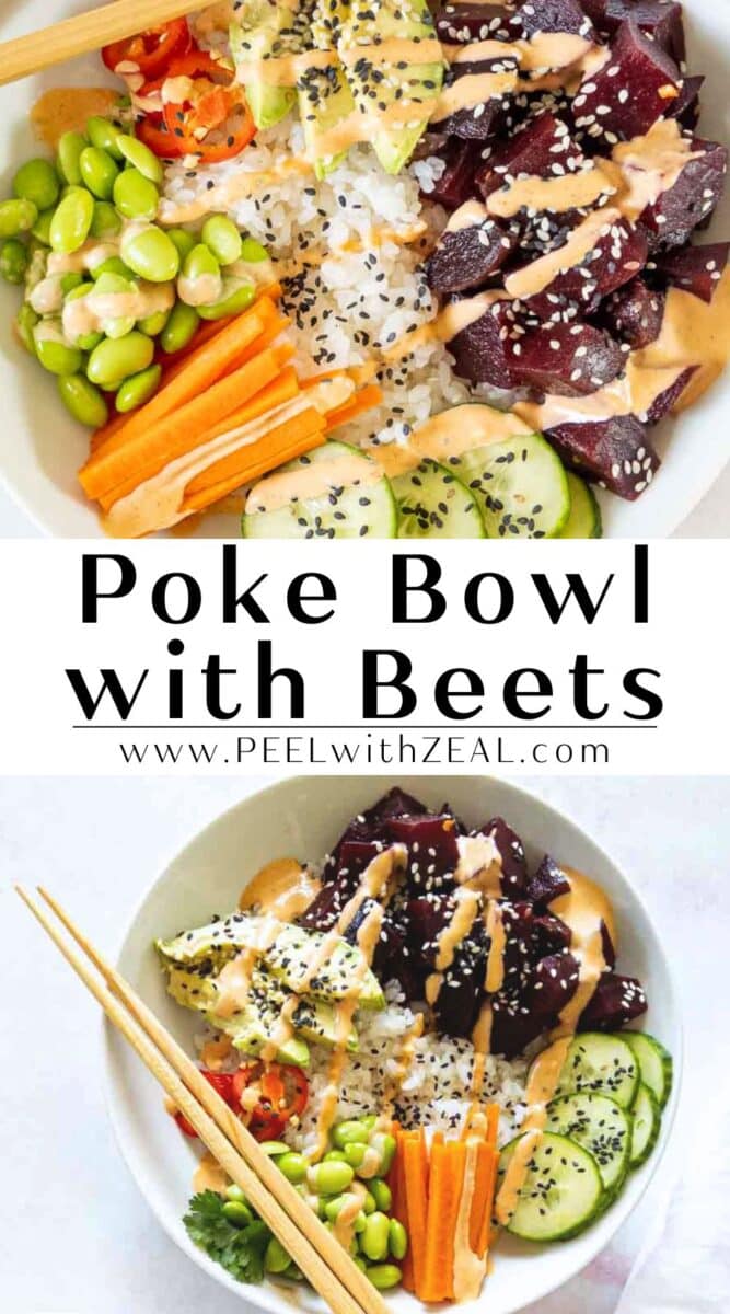 A vegan poke bowl with vegetables and a set of chopsticks.