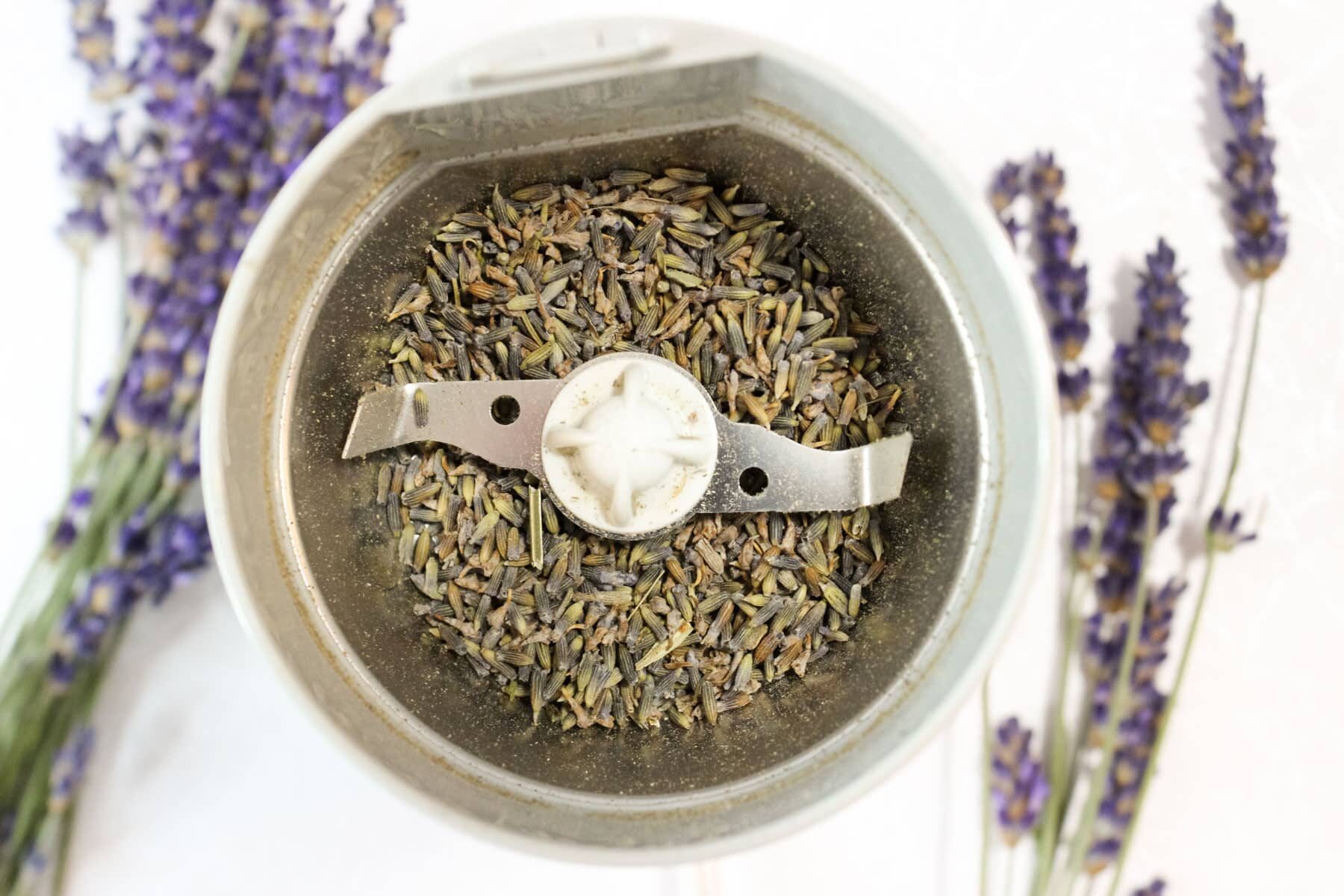 Culinary lavender in a spice grinder,