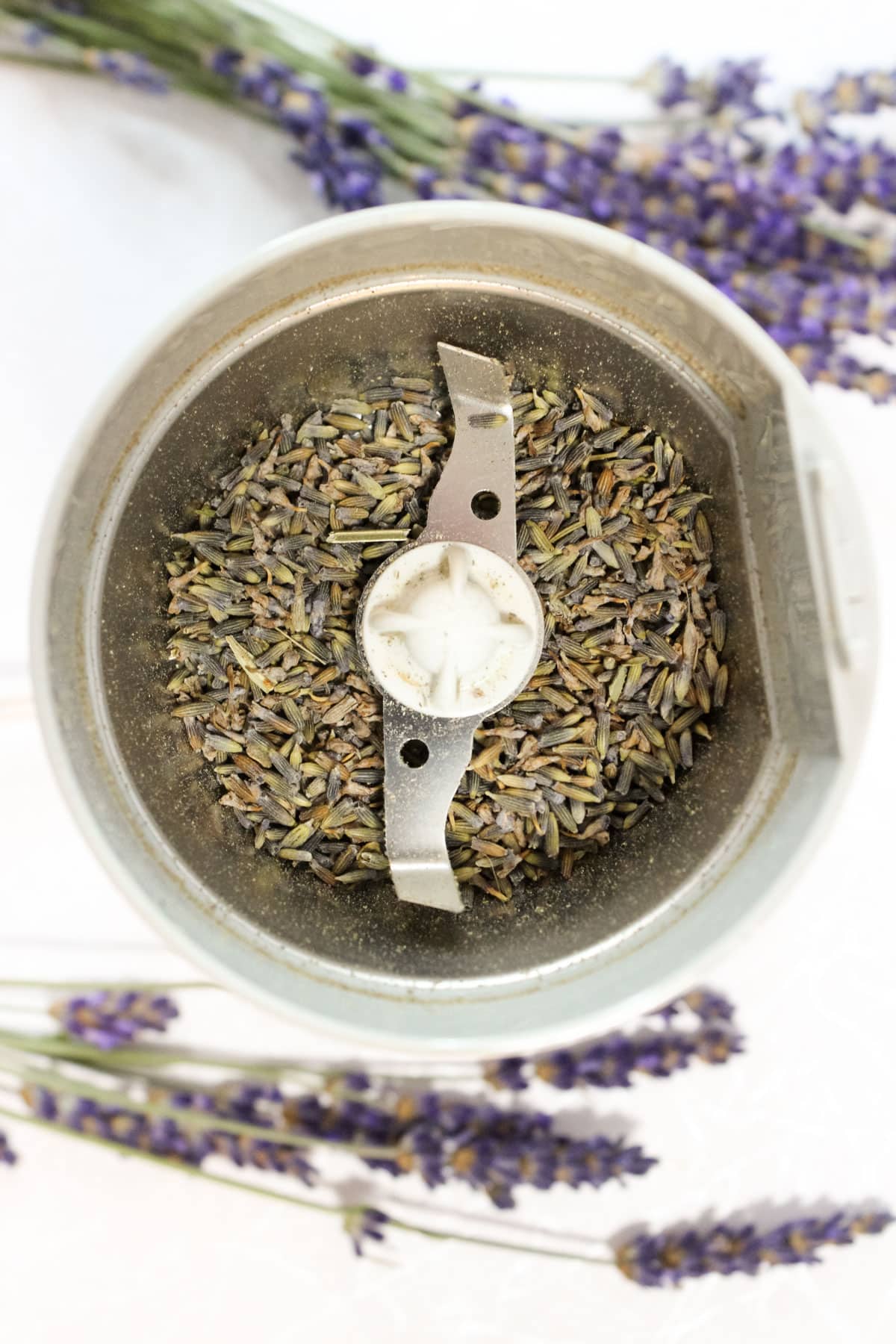 Culinary lavender in a spice grinder,