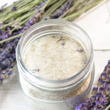 A jar with homemade lavender sugar.