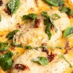 Chicken breast with sun dried tomatoes in a cream sauce with fresh basil leaves.