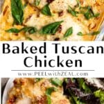 Tuscan chicken with sun dried tomatoes in a cream sauce with fresh basil leaves.