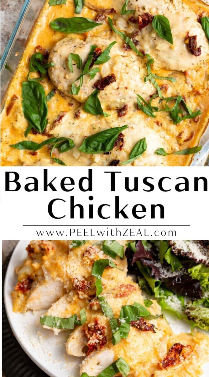 Tuscan chicken with sun dried tomatoes in a cream sauce with fresh basil leaves.