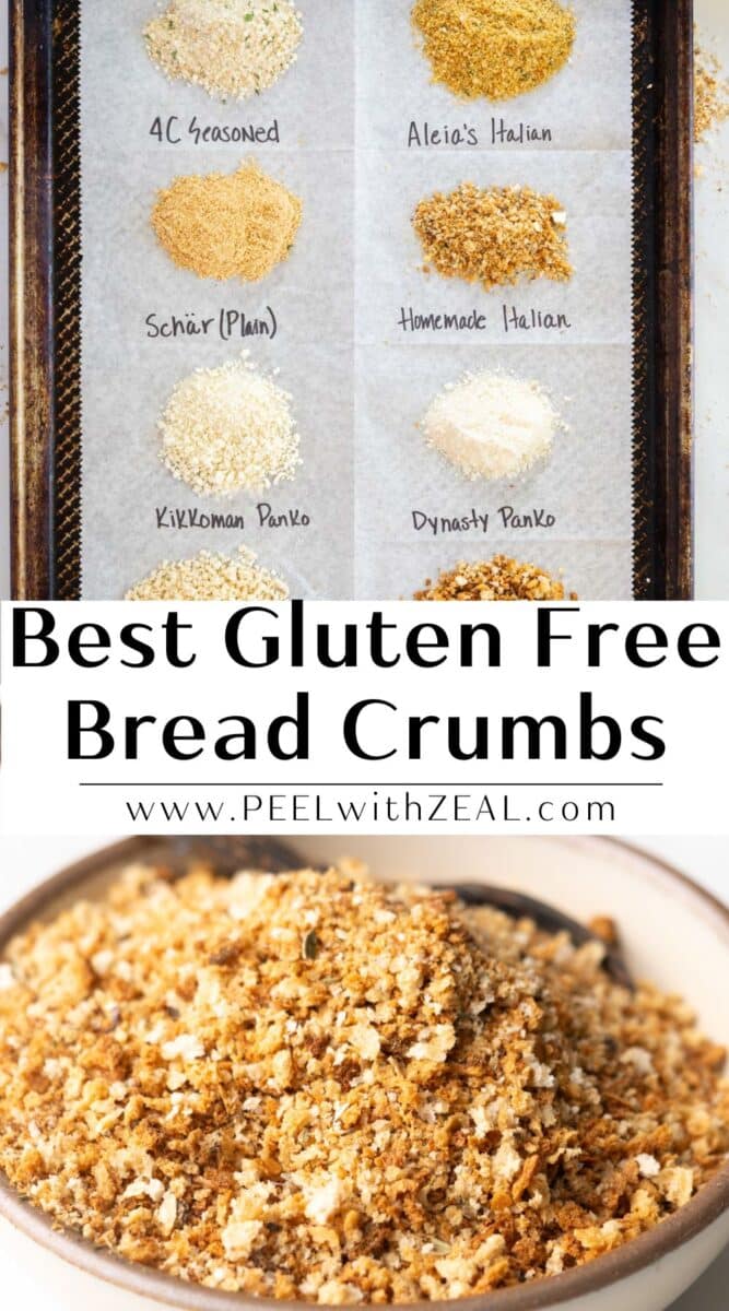Gluten free bread crumb brands on a sheet pan with labels.