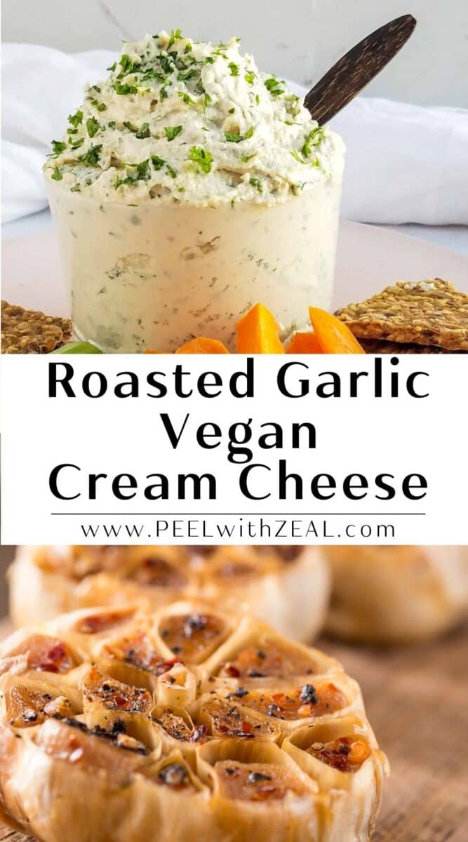 Cashew cream cheese in a bowl with roasted garlic.