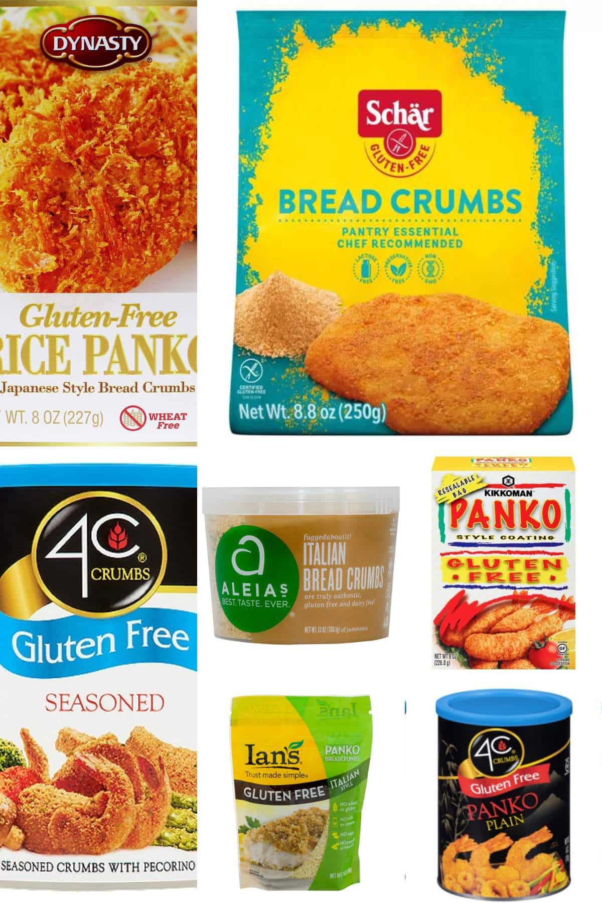 Collage of store bough gluten free bread crumbs.