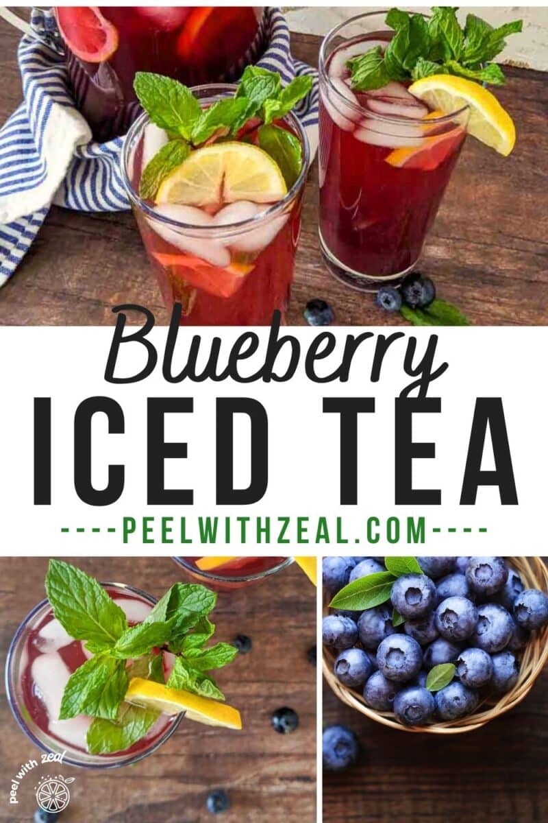 Blueberry iced tea in a glass with a bowl of blueberries.