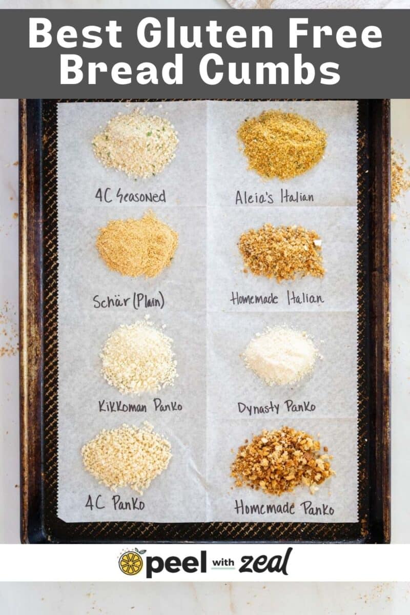 Gluten free bread crumb brands on a sheet pan with labels.